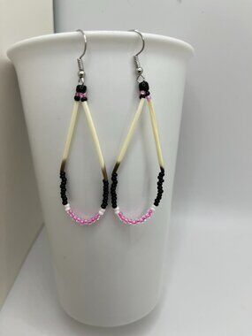 Beaded Quill Earrings Pink Black White - Handmade